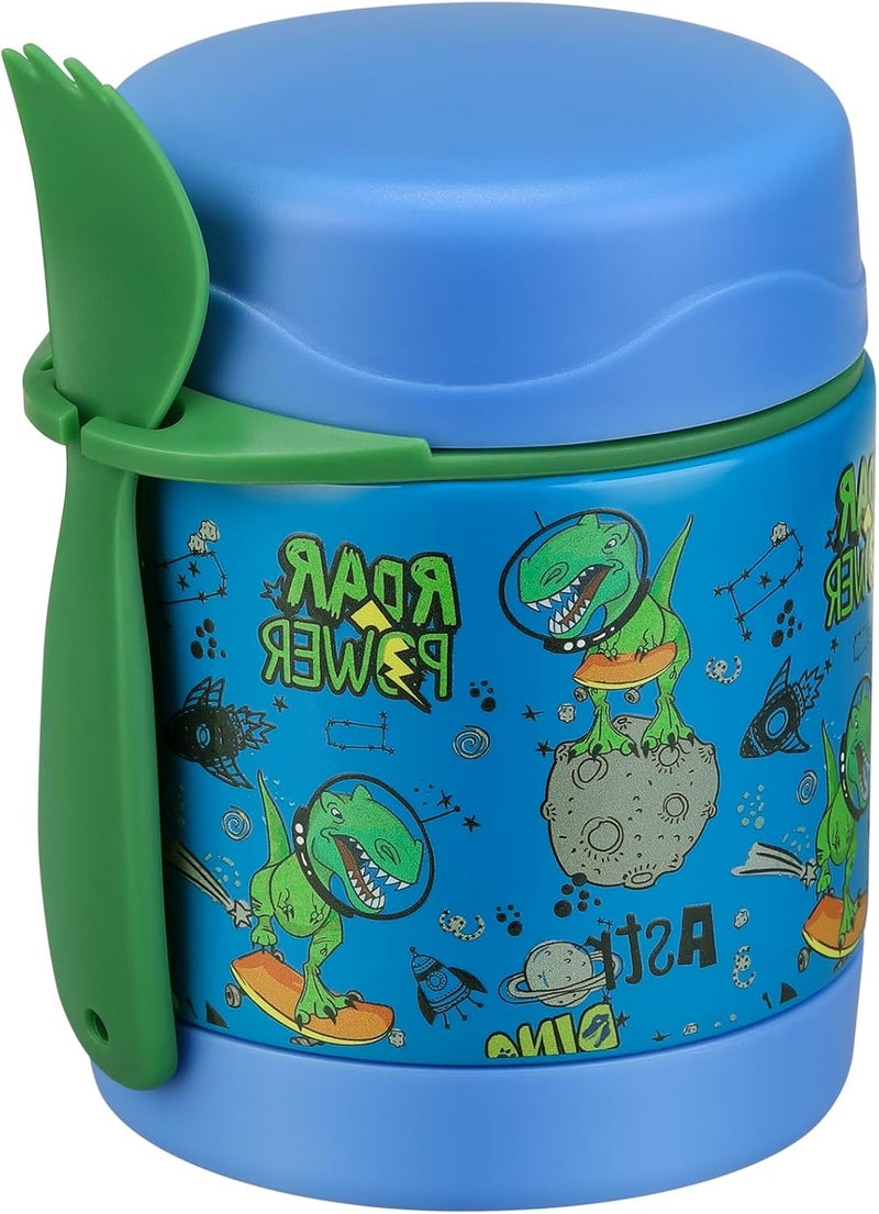 Howeemo 10oz Soup Thermo for Hot Food Kids,Lunch Thermo Kids Food Jar with Spoon Hot Insulated Food Containers,Leak Proof Stainless Steel Wide Mouth Lunch Food Thermo Jar for School(Blue-Dinosaur) - Image 1